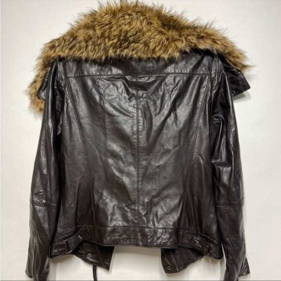 Bod Christensen Brown Leather Moto Jacket with Faux Fur Wide Collar M - Picture 12 of 13